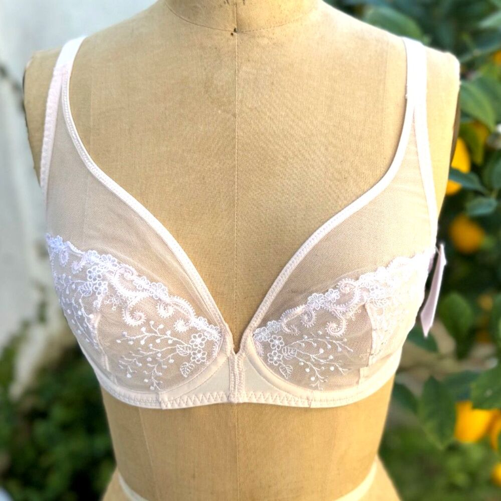 NWT Simone Perele Blush Pink Sheer Floral Embroider Plunge Underwire Bra SZ 34C